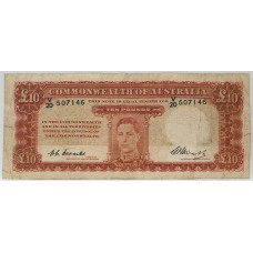 AUSTRALIA 1949 . TEN 10 POUNDS BANKNOTE . SOME EDGE NICKS and WEAR